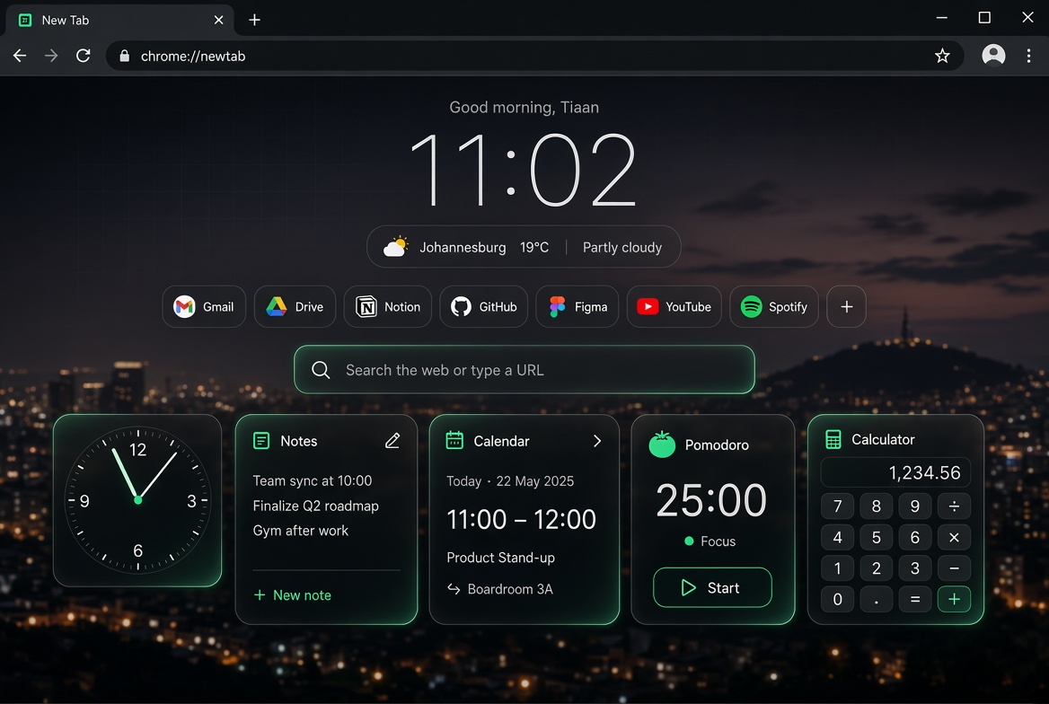 Ultimate Dashboard new tab with clock, weather, bookmarks and widgets